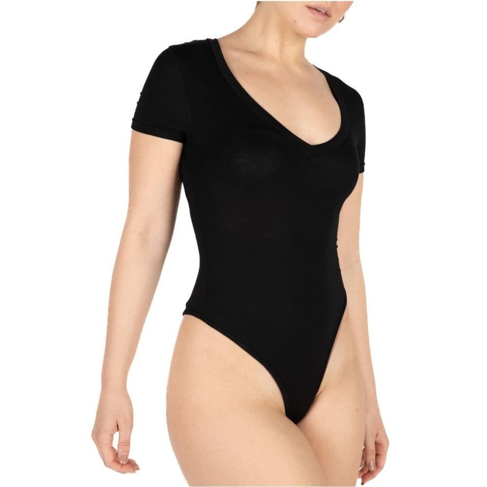 Deep V-Neck Black Short Sleeve Bodysuit
